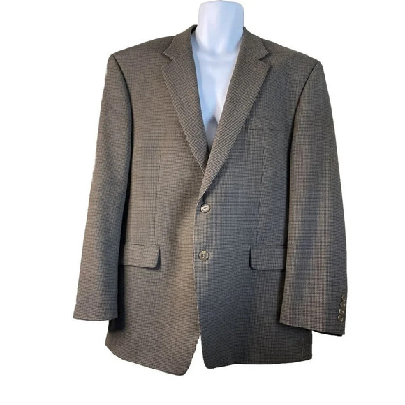 Chaps Blazer Wool Brown‎ & Blue Houndstooth 46R Sport Coat 2 Button Jacket Coat - Picture 1 of 7